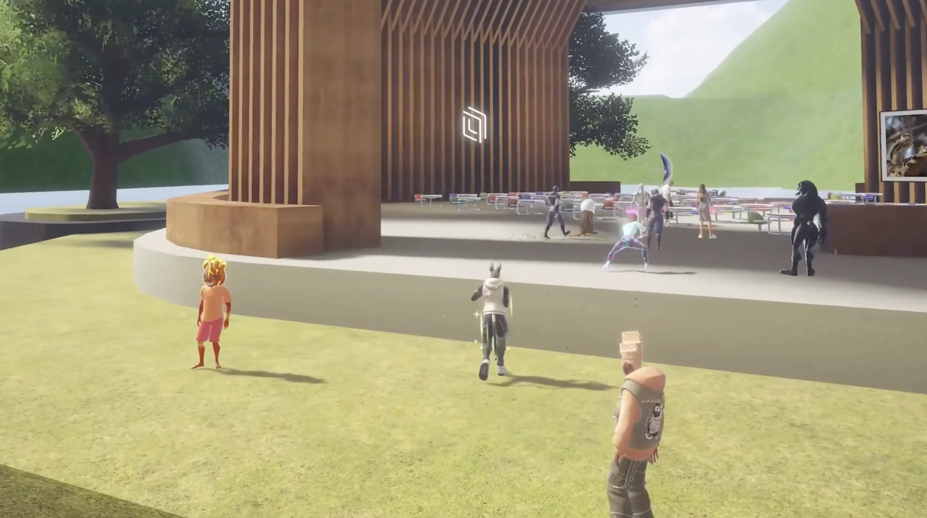Avatars exploring a virtual outdoor amphitheater.
