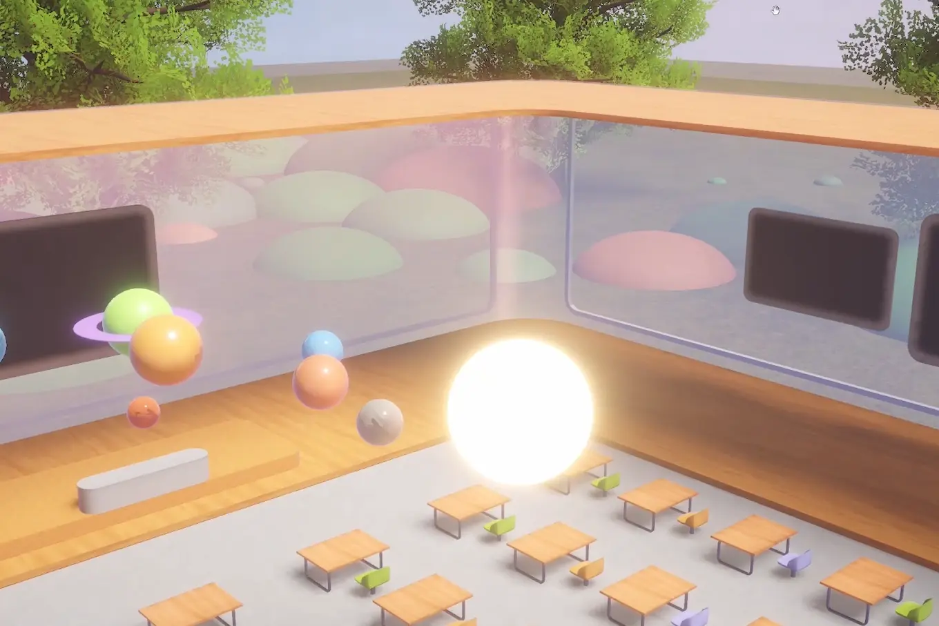A 3D rendered classroom with colorful spheres floating